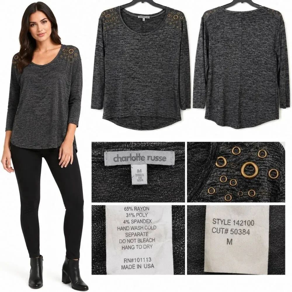 Charlotte Russe Stud Shoulder Knit Top Gray Medium